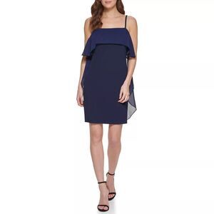 DKNY Women's Sleeveless Square Neck Ruffle Mini Dress US 14 Navy Nights Blue A2